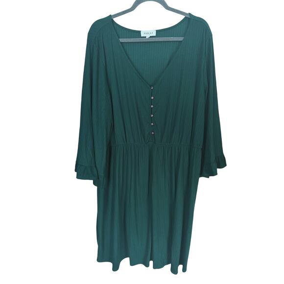 Gilli Green Ribbed Blouson Dress 3X V-Neck Long Ruffle Sleeve Holiday Christmas - Picture 2 of 6